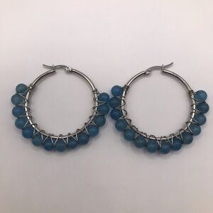 Blue Beaded Silver Hoop Earrings